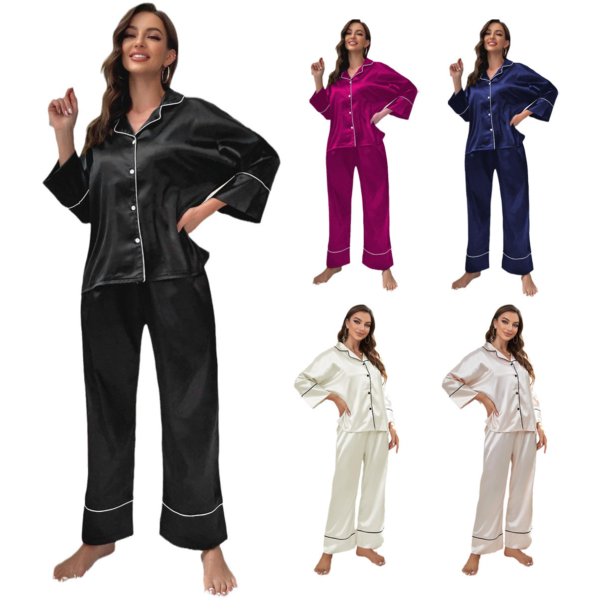 Women's Ice Silk Pajama Set with Long Sleeves and Pants