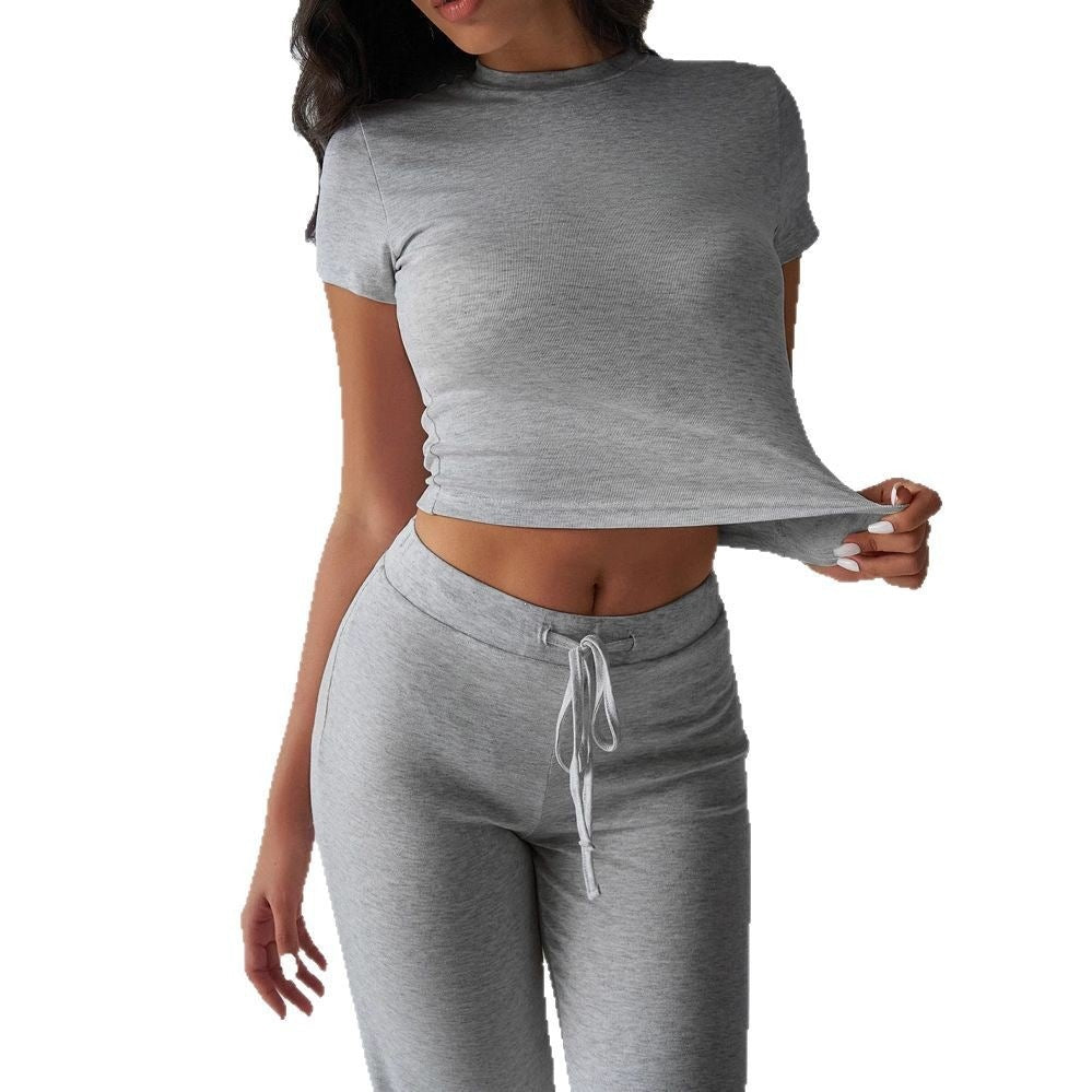 Womens Casual Short Sleeve Round Neck Pantsuit