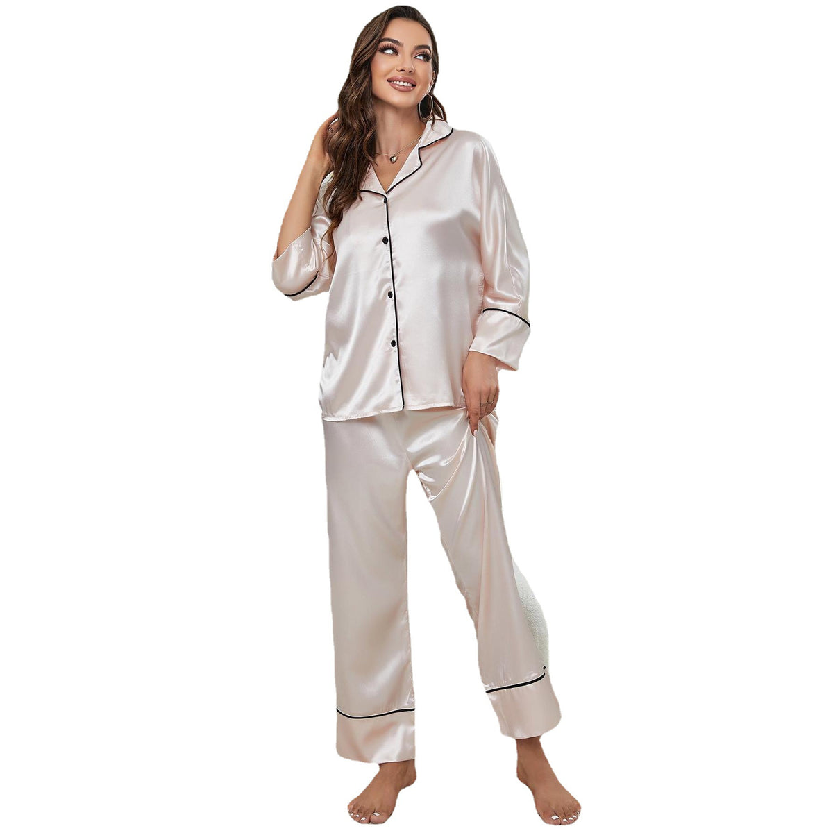 Women's Ice Silk Pajama Set with Long Sleeves and Pants