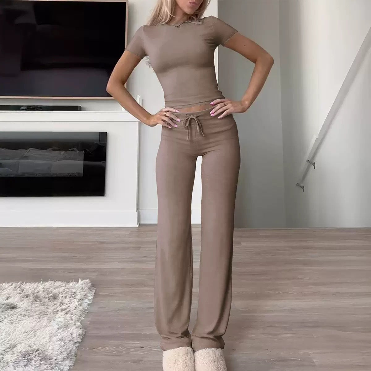 Womens Casual Short Sleeve Round Neck Pantsuit